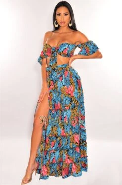 Black Multi Color Print Tie Up Wrap Maxi Skirt Two Piece Set