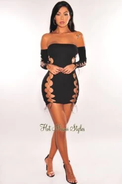 Black Off Shoulder Long Sleeve Lace Up Mini Dress -rehab shop black off shoulder long sleeve lace up mini dress hot miami styles 177812