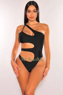 Black One Shoulder Cut Out Swimsuit