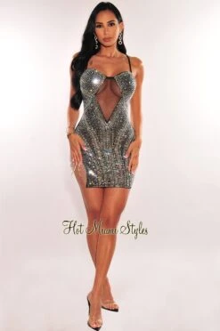 Black Rhinestones Mesh Spaghetti Straps Fringe Slit Mini Dress -rehab shop black rhinestones mesh spaghetti straps fringe slit mini dress hot miami styles 512763