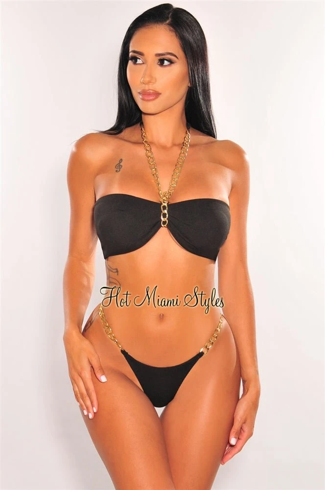 Black Ribbed Gold Chain Padded Thong Bikini 3 Black Ribbed Gold Chain Padded Thong Bikini