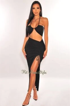 Black Ribbed Halter Drawstring Ruched Skirt Two Piece Set