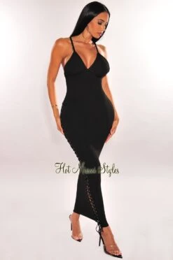 Black Ribbed Knit Criss Cross Back Lace Up Side Maxi Dress -rehab shop black ribbed knit criss cross back lace up side maxi dress hot miami styles 248062