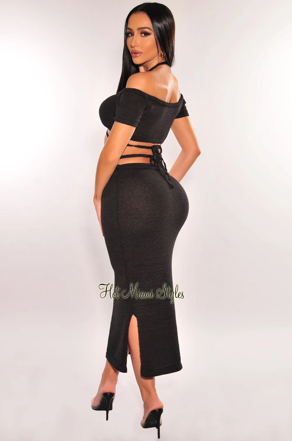 Black Ribbed Knit Halter Off Shoulder Wrap Around Slit Skirt Two Piece Set 4 Black Ribbed Knit Halter Off Shoulder Wrap Around Slit Skirt Two Piece Set - Image 2