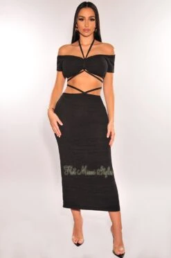 Black Ribbed Knit Halter Off Shoulder Wrap Around Slit Skirt Two Piece Set