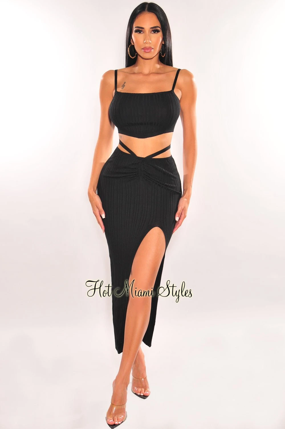 Black Ribbed Knit Wrap Around Slit Skirt Two Piece Set 3 Black Ribbed Knit Wrap Around Slit Skirt Two Piece Set