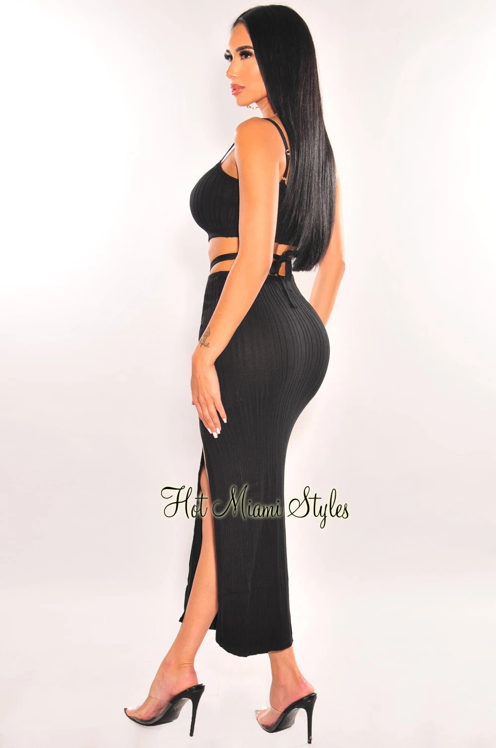 Black Ribbed Knit Wrap Around Slit Skirt Two Piece Set 4 Black Ribbed Knit Wrap Around Slit Skirt Two Piece Set - Image 2