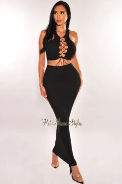 Black Ribbed Sleeveless Lace Up Maxi Skirt Two Piece Set