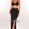 Black Ribbed Spaghetti Straps Knotted Slit Skirt Two Piece Set -rehab shop black ribbed spaghetti straps knotted slit skirt two piece set hot miami styles 773326
