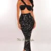 Black Script Print One Shoulder Ruched Midi Skirt Two Piece Set -rehab shop black script print one shoulder ruched midi skirt two piece set hot miami styles 888882