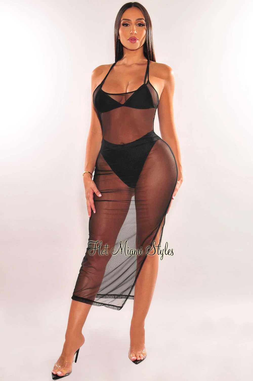 Black Sheer Mesh Spaghetti Straps Cover Up Slit Dress 3 Black Sheer Mesh Spaghetti Straps Cover Up Slit Dress