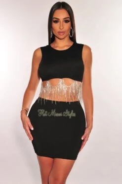 Black Sleeveless Rhinestone Fringe Mini Skirt Two Piece Set