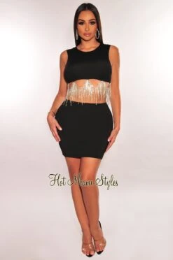 Black Sleeveless Rhinestone Fringe Mini Skirt Two Piece Set -rehab shop black sleeveless rhinestone fringe mini skirt two piece set hot miami styles 568918