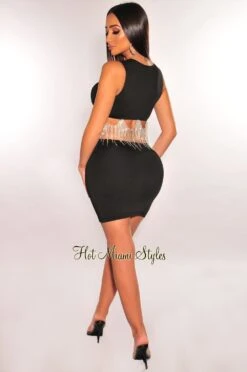 Black Sleeveless Rhinestone Fringe Mini Skirt Two Piece Set -rehab shop black sleeveless rhinestone fringe mini skirt two piece set hot miami styles 769977