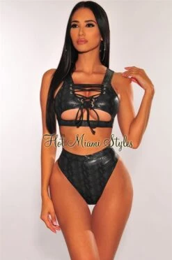 Black Snake Lace Up Underboob High Waist Bikini