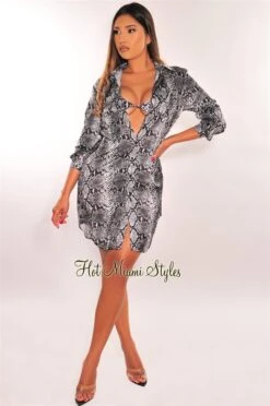 Black Snake Print Silky Collared Button Down Shirt Cover Up -rehab shop black snake print silky collared button down shirt cover up hot miami styles 145180