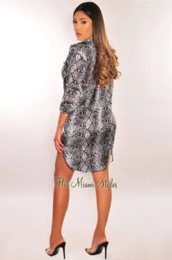 Black Snake Print Silky Collared Button Down Shirt Cover Up -rehab shop black snake print silky collared button down shirt cover up hot miami styles 310650