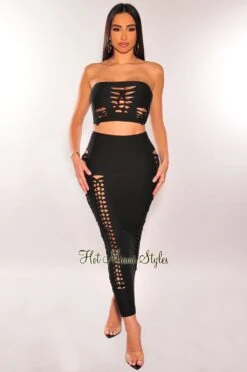 Black Strapless Cut Out Lace Up Midi Skirt Two Piece Set