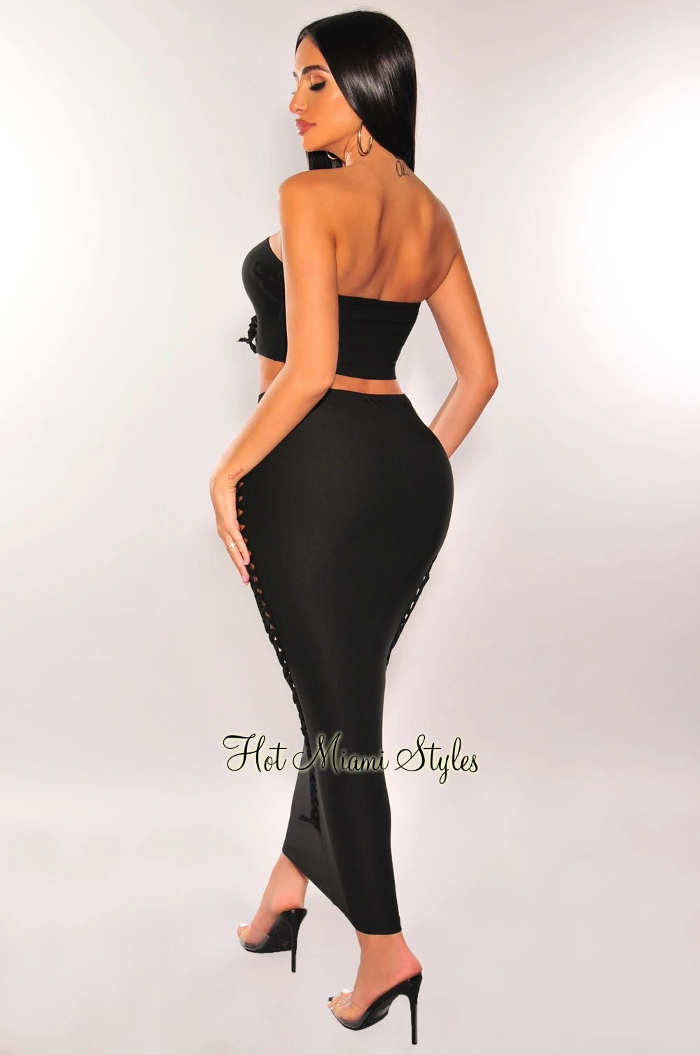 Black Strapless Cut Out Lace Up Midi Skirt Two Piece Set 4 Black Strapless Cut Out Lace Up Midi Skirt Two Piece Set - Image 2