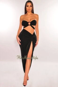 Black Strapless O-Ring Wrap Around Knotted Slit Skirt Two Piece Set