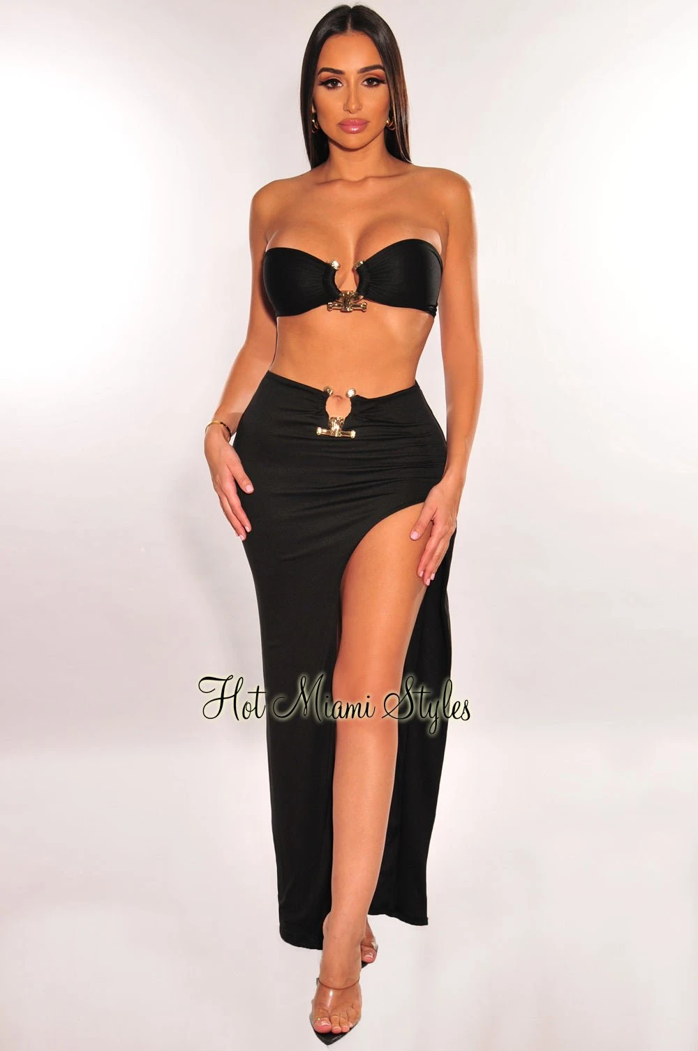 Black Strapless Tie Up Gold Ring Slit Skirt Two Piece Set 3 Black Strapless Tie Up Gold Ring Slit Skirt Two Piece Set