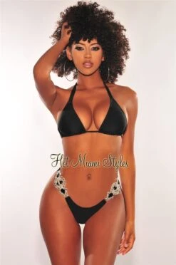 Black Tie Up Padded Jeweled Scrunch Butt Bikini