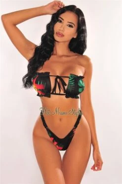 Black Tropical Print Ruched Bust Frill Bandeau Bikini