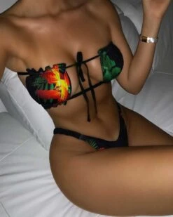 Black Tropical Print Ruched Bust Frill Bandeau Bikini -rehab shop black tropical print ruched bust frill bandeau bikini hot miami styles 431687