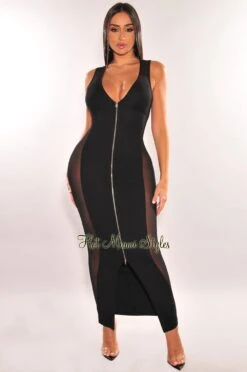 Black V Neck Zipper Sleeveless Mesh Sides Maxi Dress