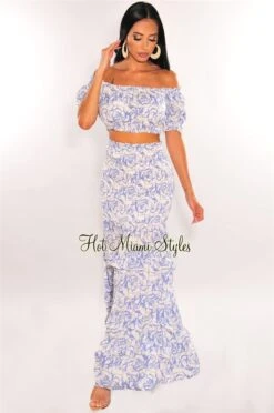 Blue Floral Print Off Shoulder Smocked Maxi Skirt Two Piece Set
