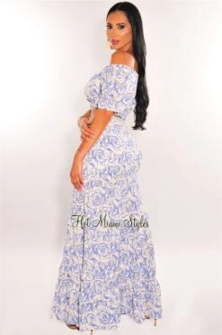 Blue Floral Print Off Shoulder Smocked Maxi Skirt Two Piece Set -rehab shop blue floral print off shoulder smocked maxi skirt two piece set hot miami styles 463777