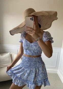 Blue Floral Print Padded Skirt Two Piece Set -rehab shop blue floral print padded skirt two piece set hot miami styles 501362