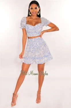 Blue Floral Print Padded Skirt Two Piece Set -rehab shop blue floral print padded skirt two piece set hot miami styles 784593