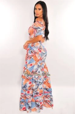 Blue Multi Color Palm Print Ruched Short Sleeve Smocked Maxi Skirt Two Piece Set -rehab shop blue multi color palm print ruched short sleeve smocked maxi skirt two piece set hot miami styles 927648