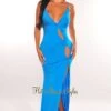 Blue Spaghetti Straps Knotted Cut Out Slit Maxi Dress -rehab shop blue spaghetti straps knotted cut out slit maxi dress hot miami styles 223989