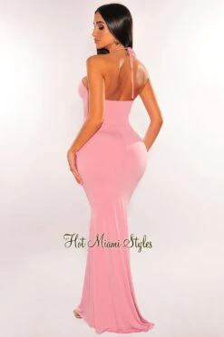 Blush Halter Keyhole Drawstring Cut Out Maxi Dress