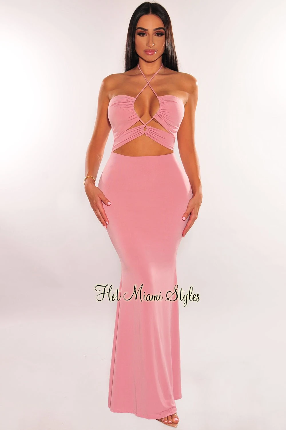Blush Halter Keyhole Drawstring Cut Out Maxi Dress 4 Blush Halter Keyhole Drawstring Cut Out Maxi Dress - Image 2