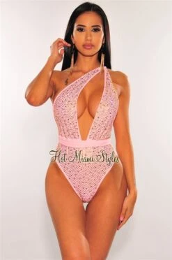 Blush Iridescent Rhinestones Halter Multi Wear Swimsuit -rehab shop blush iridescent rhinestones halter multi wear swimsuit hot miami styles 414267
