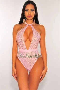 Blush Iridescent Rhinestones Halter Multi Wear Swimsuit