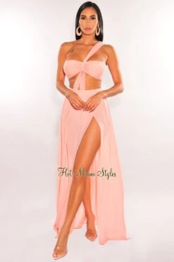 Rehab Blush One Shoulder Cut Out Strappy Slit Maxi Dress