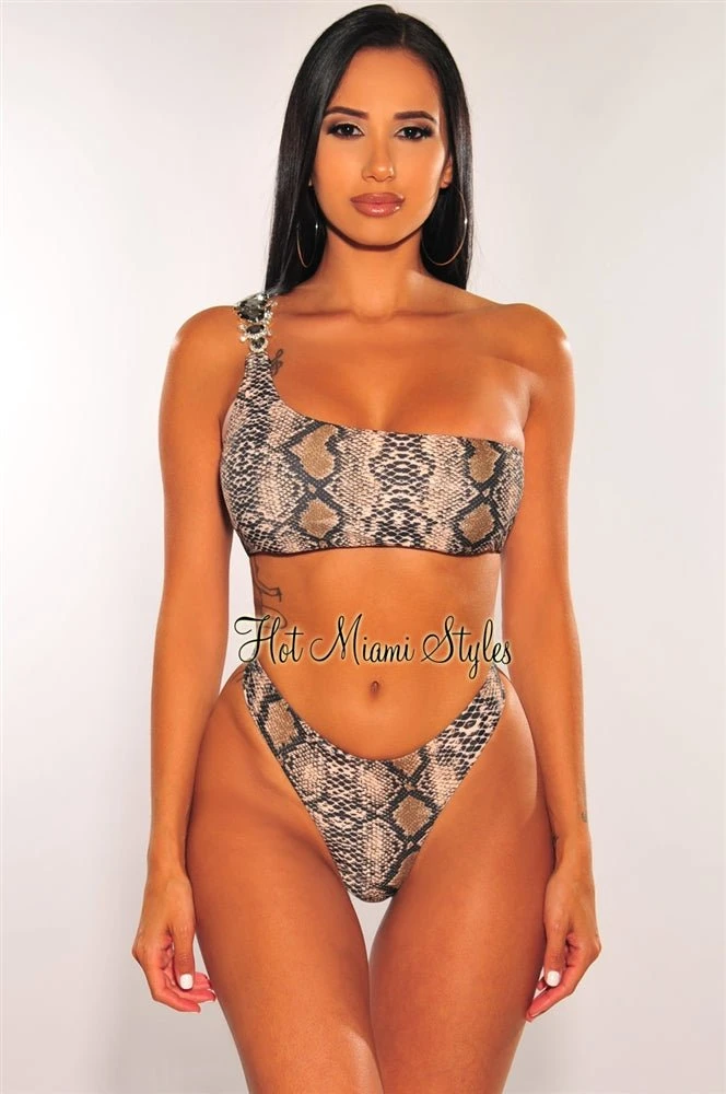Brown Snake Print One Shoulder Jeweled Scrunch Butt Bikini 3 Brown Snake Print One Shoulder Jeweled Scrunch Butt Bikini