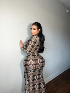 Brown Snake Print Plunge V Neck Ruffle Sleeve Maxi Dress -rehab shop brown snake print plunge v neck ruffle sleeve maxi dress hot miami styles 435837