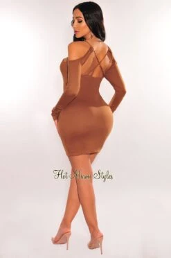 Caramel Cut Out CrissCross Long Sleeve Mini Dress -rehab shop caramel cut out crisscross long sleeve mini dress hot miami styles 367708