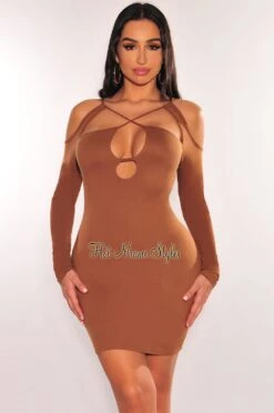 Caramel Cut Out CrissCross Long Sleeve Mini Dress