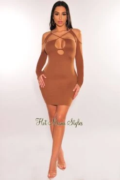 Caramel Cut Out CrissCross Long Sleeve Mini Dress -rehab shop caramel cut out crisscross long sleeve mini dress hot miami styles 850286