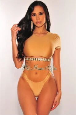 Champagne Diamond Cut Out Crop Top Bikini