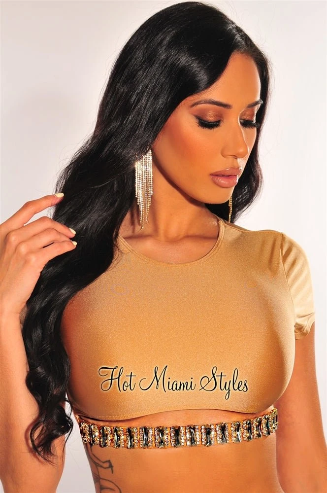 Champagne Diamond Cut Out Crop Top Bikini 4 Champagne Diamond Cut Out Crop Top Bikini - Image 2