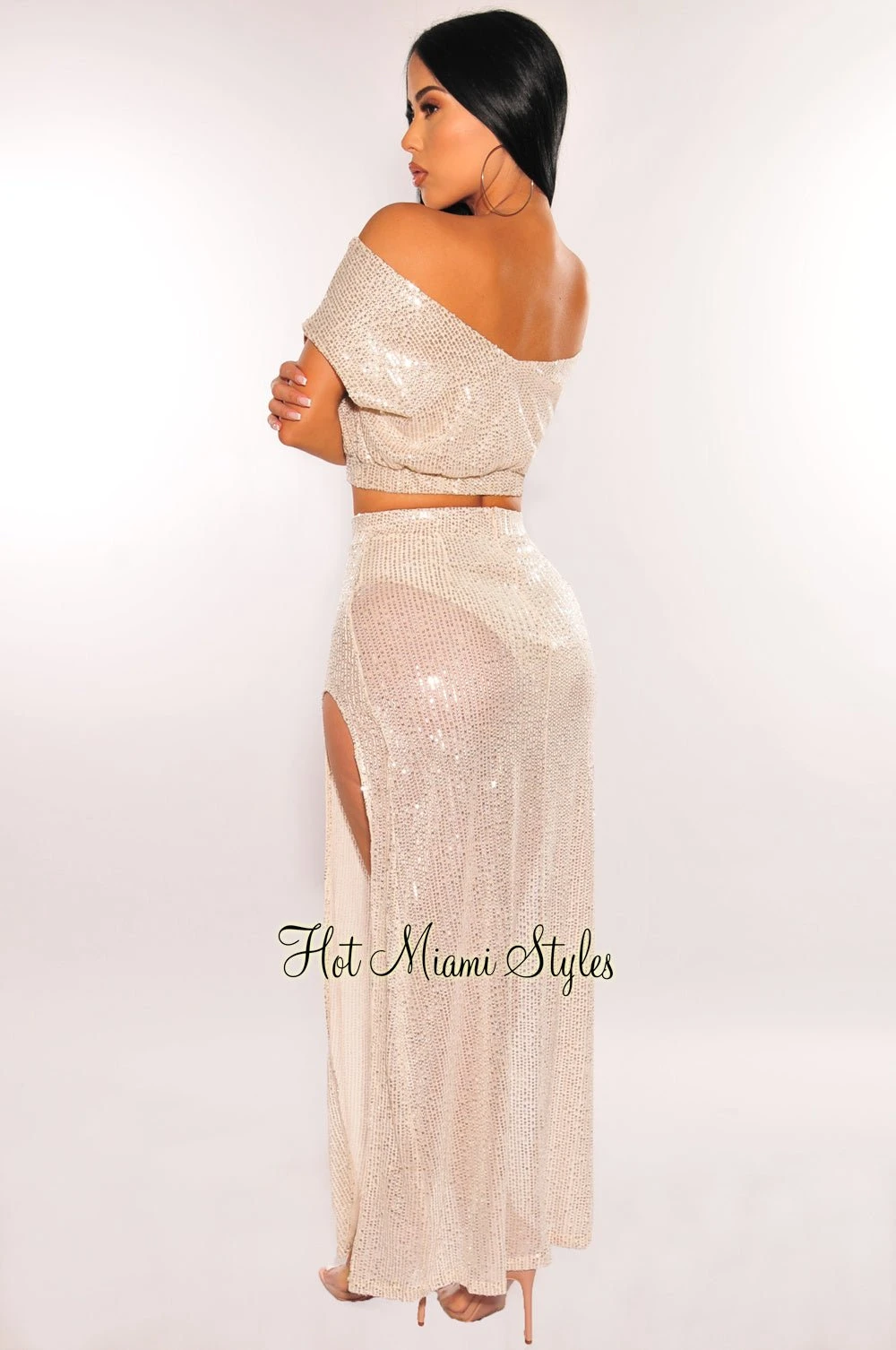 Champagne Sequins Sleeveless Double Slit Skirt Two Piece Set 4 Champagne Sequins Sleeveless Double Slit Skirt Two Piece Set - Image 2