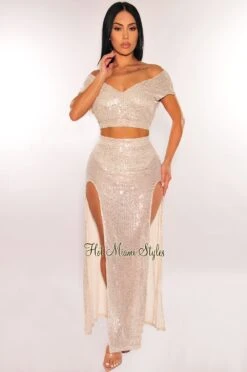 Champagne Sequins Sleeveless Double Slit Skirt Two Piece Set