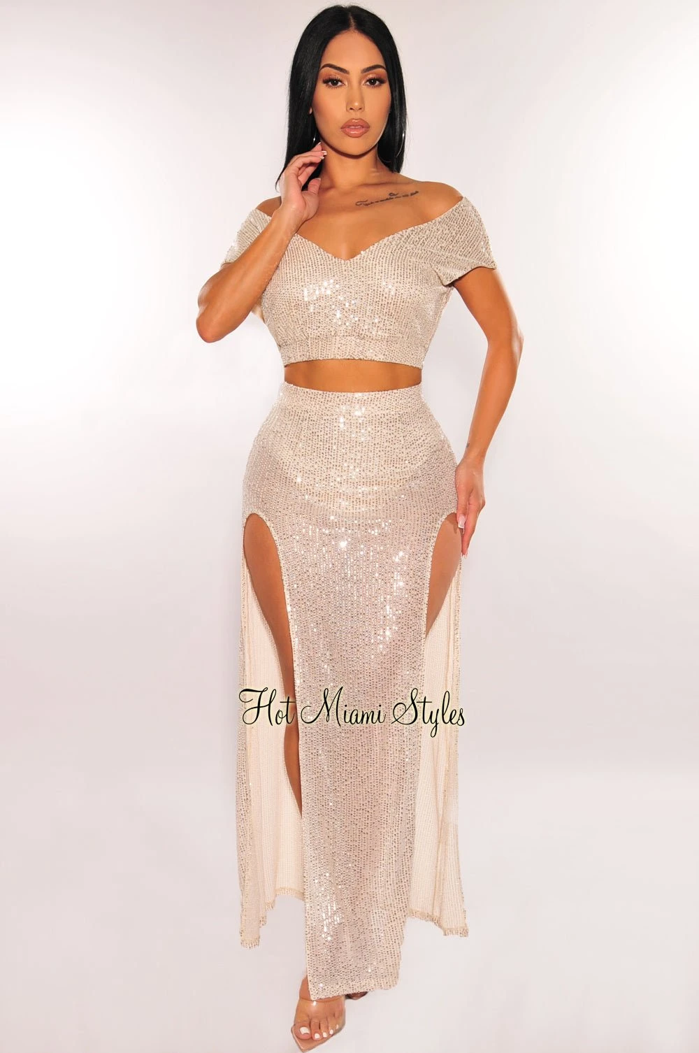 Champagne Sequins Sleeveless Double Slit Skirt Two Piece Set 3 Champagne Sequins Sleeveless Double Slit Skirt Two Piece Set